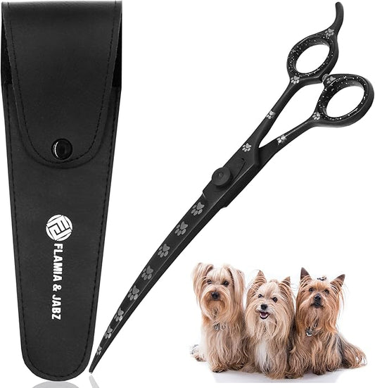 Professional Dog Grooming Scissors/Shears, Curved, with Paw Prints for Dogs, Cats & Pets (Right Handed, Black, Stainless Steel 8 Inch)