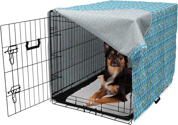 Lunarable Yellow and Blue Dog Crate Cover, Funny Cartoon Hippopotamus with Stars and Daisy Flowers, Easy to Use Pet Kennel Cover for Medium Large Dogs, 36 Inch, Pale Blue White Yellow