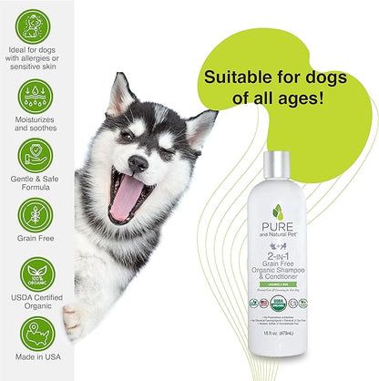 Pure and Natural Pet USDA Certified Organic 2-in-1 Grain Free Shampoo & Conditioner (Lavender & Mint) 16 oz.