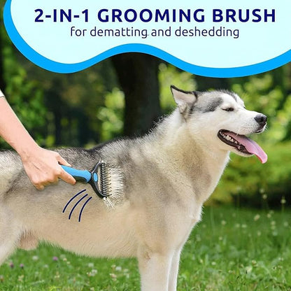 Pet Dog and Cat Deshedding Brush Grooming Tool Fur Removal - Double Sided Undercoat Rake Shedding Comb Mat Remover Deshedder Safe Detangler for Matted Hair/Fur, Blue