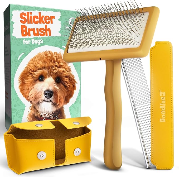 Slicker Brush for Dogs - Doodle Brush - Goldendoodles Labradoodles Bernedoodles - Goldendoodle Must Haves - Poodle Comb and Cases Included - Medium - Yellow