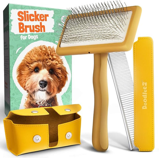 Slicker Brush for Dogs - Doodle Brush - Goldendoodles Labradoodles Bernedoodles - Goldendoodle Must Haves - Poodle Comb and Cases Included - Medium - Yellow