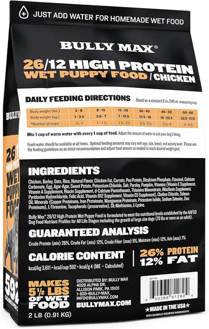 Bully Max Wet Puppy Food - Instant Fresh Dehydrated High Protein Soft Dog Food with Chicken - Healthy Growth for Small & Large Breed Puppies - 2 Dry Dog Food Pounds (Makes 5.5 lbs. of Wet Dog Food)