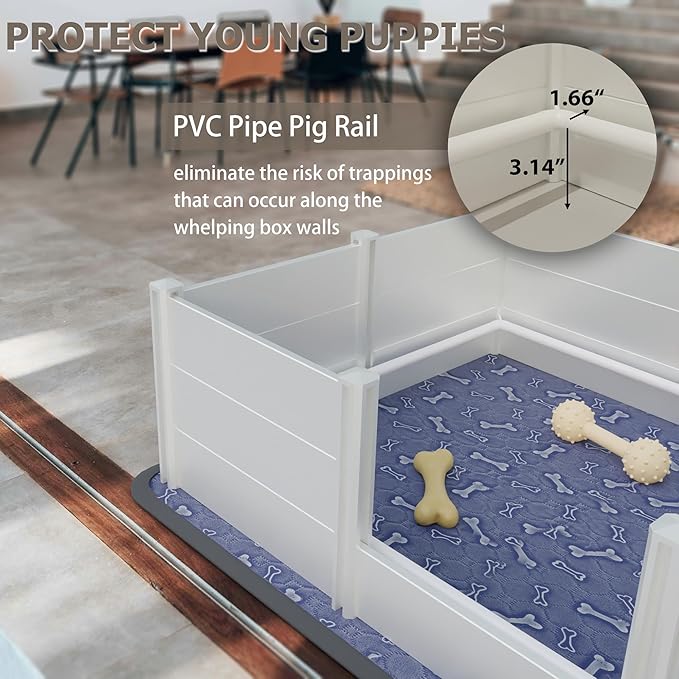 Whelping Box,Whelping Box for Dogs with Washable Puppy Pads, Double Rooms Whelping Pen for Large Breed Dogs,Indoor Whelping Kit for Puppies Birth,White,96"x48"x19.5"