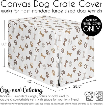 Sweet Jojo Designs Bone Paw Print Dog Crate Cover – Kennel Covers for 42 Inch Pet Cage Medium/Large - Neutral Grey Taupe Brown Modern Off White Gray Tan Puppy