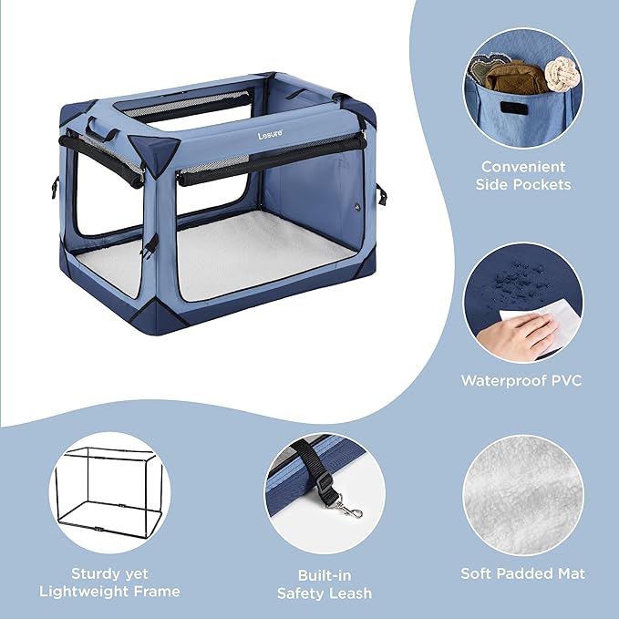 Lesure Collapsible Dog Crate - Portable Travel Kennel for Medium Dog, 4-Door Pet Crate with Durable Mesh Windows, Indoor & Outdoor, Blue