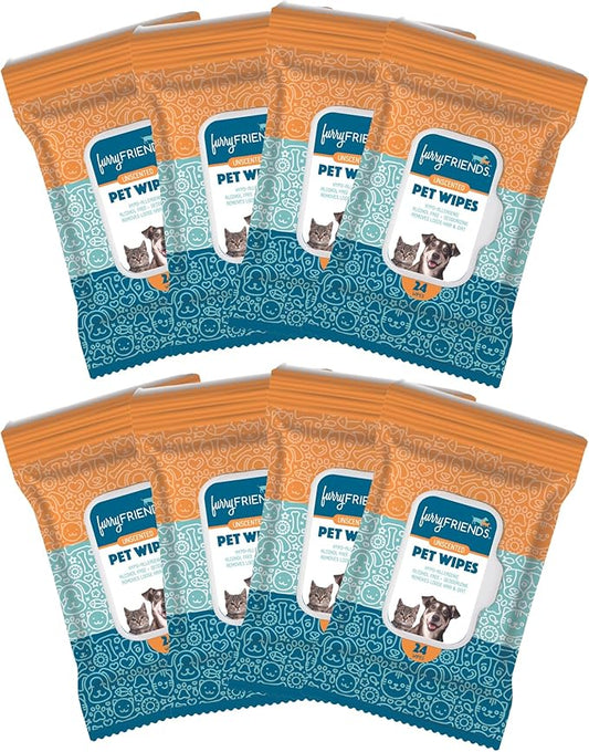 FurryFriends Pet Wipes | Unscented | Hypo-allergenic | Alcohol Free| Deodorizing | Removes Loose Hair & Dirt | Incredibly Clean | 8 Pack