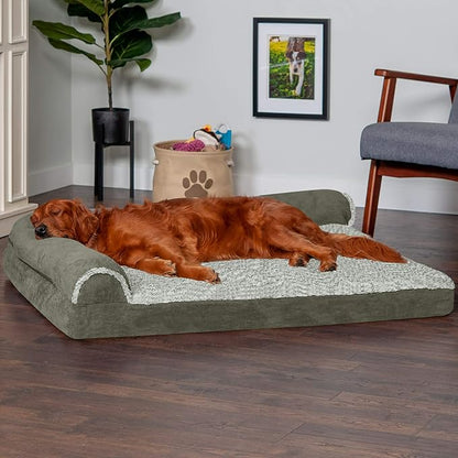 Furhaven Memory Foam Dog Bed for Large Dogs w/ Removable Bolsters & Washable Cover, For Dogs Up to 95 lbs - Two-Tone Plush Faux Fur & Suede L Shaped Chaise - Dark Sage, Jumbo/XL