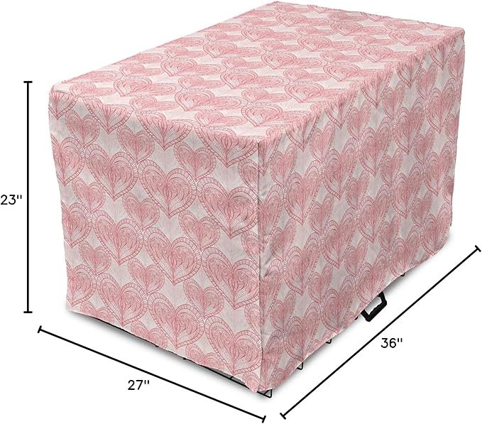 Ambesonne Heart Dog Crate Cover, Love Themed Pastel Zentangle Ornament Valentine's Day Romance Repetition, Easy to Use Pet Kennel Cover for Medium Large Dogs, 36 Inch, Pink White
