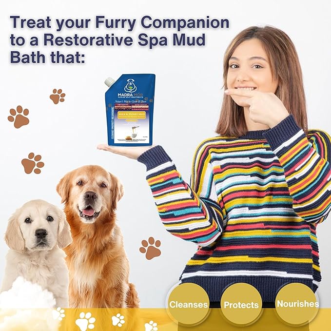 Worldwide Nutrition Madra Mor Milk & Honey Mud Spa Bath for Dogs | Dog Bath for Dog Grooming | 10oz Pouch Mud Bath Dog Essentials with Multi-Purpose Key Chain, brown