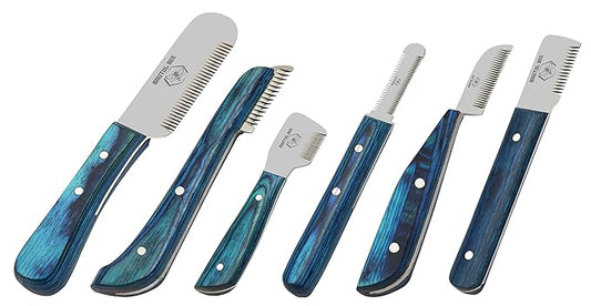 Stripping Knives Set of 6 in Stainless Steel, Wooden Handle, Non-Slip Tools for Grooming Dogs (Blue)
