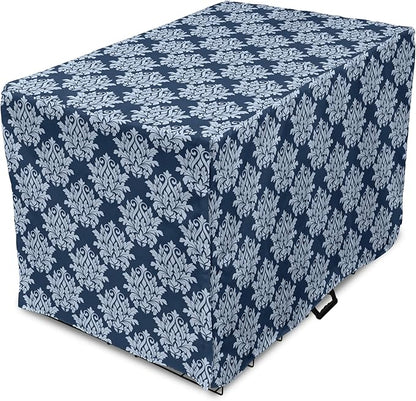 Lunarable Damask Dog Crate Cover, Abstract Antique Royal Motif with Leaves and Swirls, Easy to Use Pet Kennel Cover for Small Dogs Puppies Kittens, 18 Inch, Ceil Blue Violet