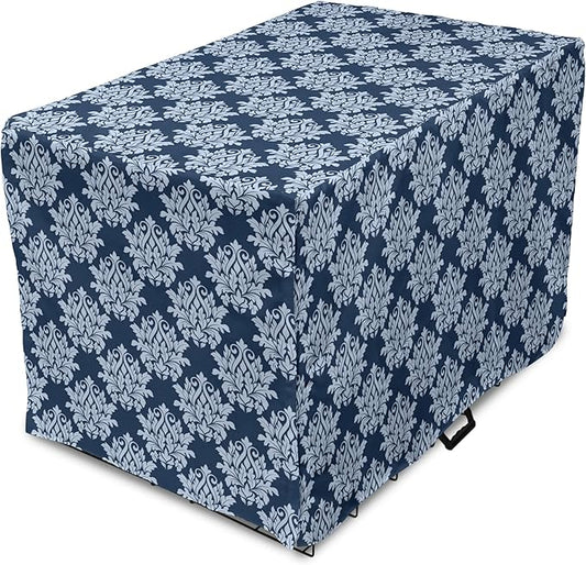 Lunarable Damask Dog Crate Cover, Abstract Antique Royal Motif with Leaves and Swirls, Easy to Use Pet Kennel Cover for Small Dogs Puppies Kittens, 18 Inch, Ceil Blue Violet