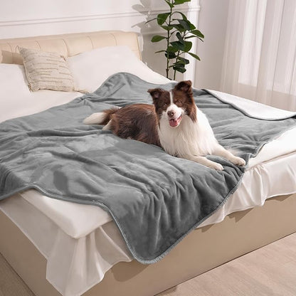 gogobunny Waterproof Bed Blanket, Reversible Sherpa Fleece Throw Blanket for Dog Puppy Cat, Furniture Cover Protects Bed Couch Sofa from Liquid Pee and Pet Fur (Grey, 50x60 inches)