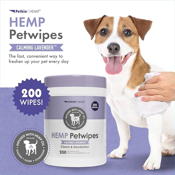 Petkin Hemp Pet Wipes for Dogs and Cats - with Hemp Oil & Calming Lavender Scent, 200 Count - Soothes, Calms & Conditions - Wipes for Pet's Face, Eyes and Body - for Home or Travel
