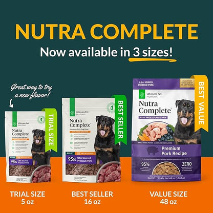 ULTIMATE PET NUTRITION Nutra Complete Raw Freeze Dried Dog Food, Veterinarian Formulated with Antioxidants, Prebiotics & Amino Acids (3 Pound, Pork)