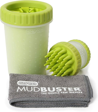 Dexas MudBuster Portable Pet Cleaning Kit with Dog Paw Washer, Pet Bathing Brush, Microfiber Towel, Medium, Green