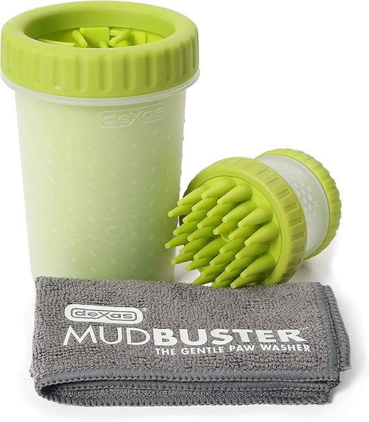 Dexas MudBuster Portable Pet Cleaning Kit with Dog Paw Washer, Pet Bathing Brush, Microfiber Towel, Medium, Green