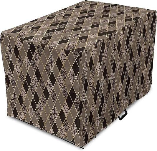 Lunarable Contemporary Brown Dog Crate Cover, Rhomb Check Pattern with Animal Skins, Easy to Use Pet Kennel Cover for Small Dogs Puppies Kittens, 22 Inch, Umber Dark Brown