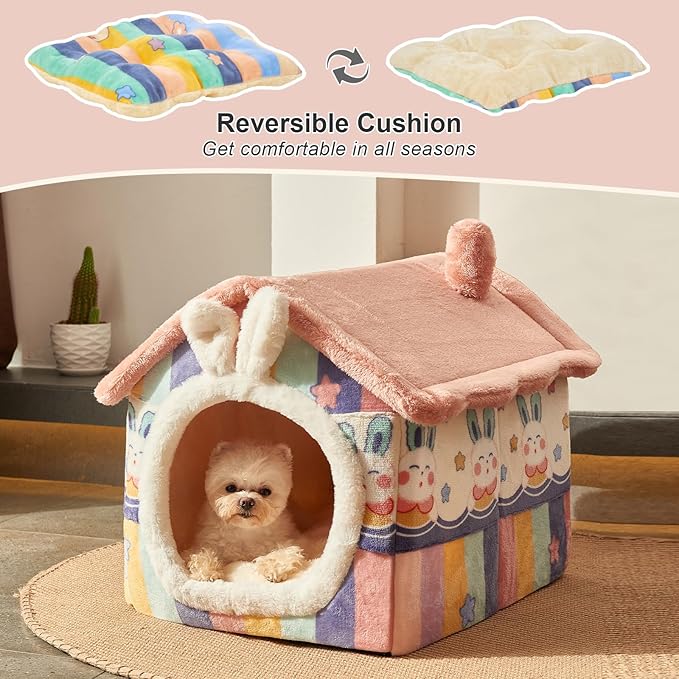 JIUPETY Cute Cat Houses for Indoor Cats, Dog Bed with Cover Cave, M Size Cat Cave Up to 15 Lbs Kittens and Puppy, Igloo Dog House with Non-Slip Bottom, Rainbow