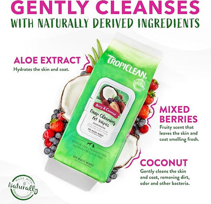 TropiClean Dog Wipes for Paws, Butt, Face, and Body, Anytime Cleaning and Deodorizing Pet Wipes, Safe for Licking, Berry Scent, Cat Safe, 100ct