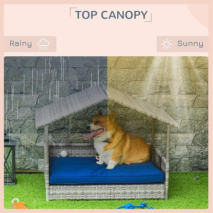 PawHut Wicker Dog House Outdoor with Canopy, Rattan Dog Bed with Water-Resistant Cushion, Raised Dog Bed for Small, Medium Dogs up to 66 lbs, 19.75" in Length, Gradient Gray Wicker, Dark Blue Cushion