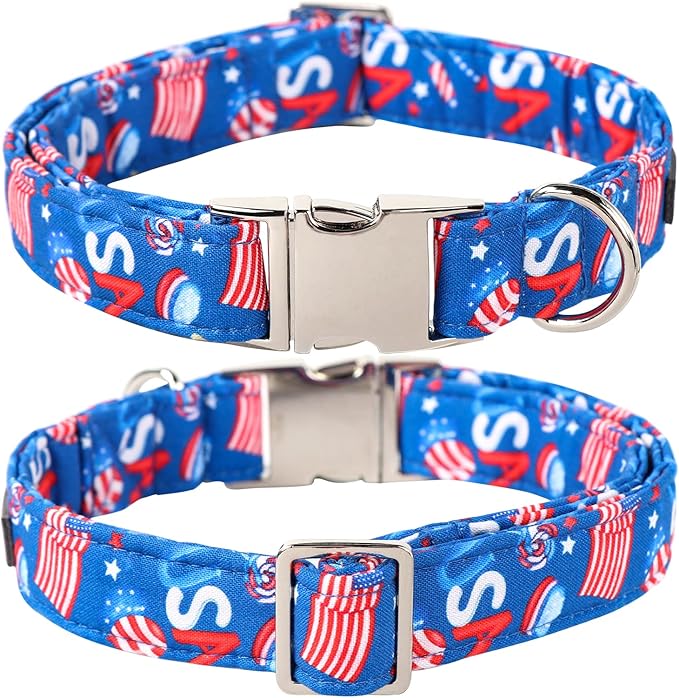 Lionet Paws Dog Collar, Comfortable Cute American Collar with Metal Buckle for Male Female Dogs Gift, July of 4th, Large, Neck 16-24 inches