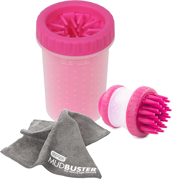 Dexas MudBuster Portable Pet Cleaning Kit with Dog Paw Washer, Pet Bathing Brush, Microfiber Towel, Medium, Pink