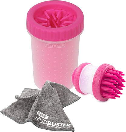 Dexas MudBuster Portable Pet Cleaning Kit with Dog Paw Washer, Pet Bathing Brush, Microfiber Towel, Medium, Pink
