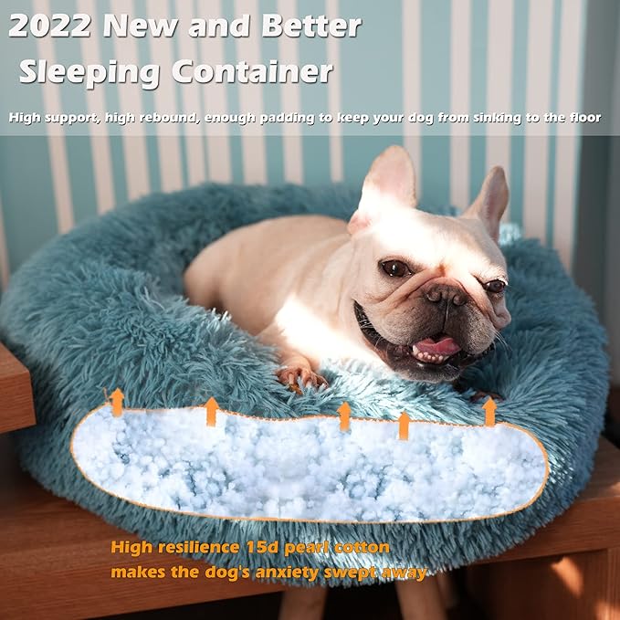 Blue Dog Bed for Small Dogs Fluffy Anti-Anxiety Dog Bed, Calming Dog Bed for Small Dogs Washble Snuggle Safe and Soft Puppy Bed for Small Dogs,Round Donut Machine Washable Small Pet Bed.