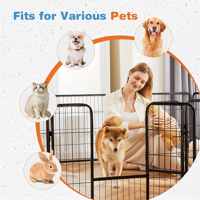 Sweetcrispy Dog Playpen Indoor - Puppy Fence Exercise Pen for Yard Gate 8 Panel 32” Height Playpens with Doors Heavy Duty Metal Dog Pen for Camping, RV, Outdoor, Small/Medium/Large Pets