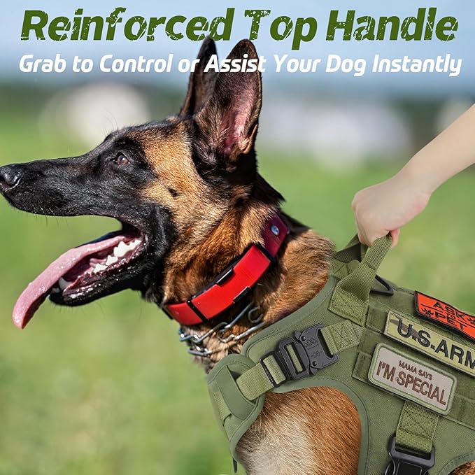 rabbitgoo Tactical Dog Harness for Large Dogs, Heavy Duty Dog Harness with Handle, No-Pull Service Dog Vest Large Breed, Adjustable Military Dog Vest Harness for Training Hunting Walking, Green, M