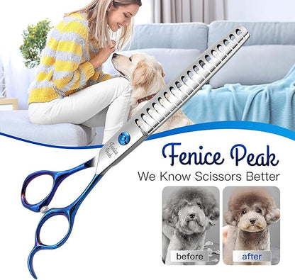 Fenice Peak Grooming Scissors for Dogs 7 inch Chunker Pet Grooming Scissors Ergonomically Designed Blue Handles Ideal Dog Shears for Precise Trimming Easy Use.