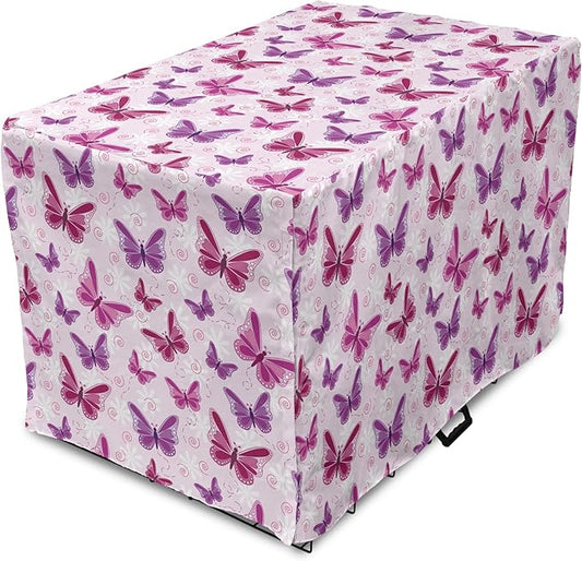 Ambesonne Purple Dog Crate Cover, Abstract Butterflies on Floral Background Feminine Romance Illustration, Easy to Use Pet Kennel Cover for Medium Large Dogs, 36 Inch, Maroon Purple Pale Pink