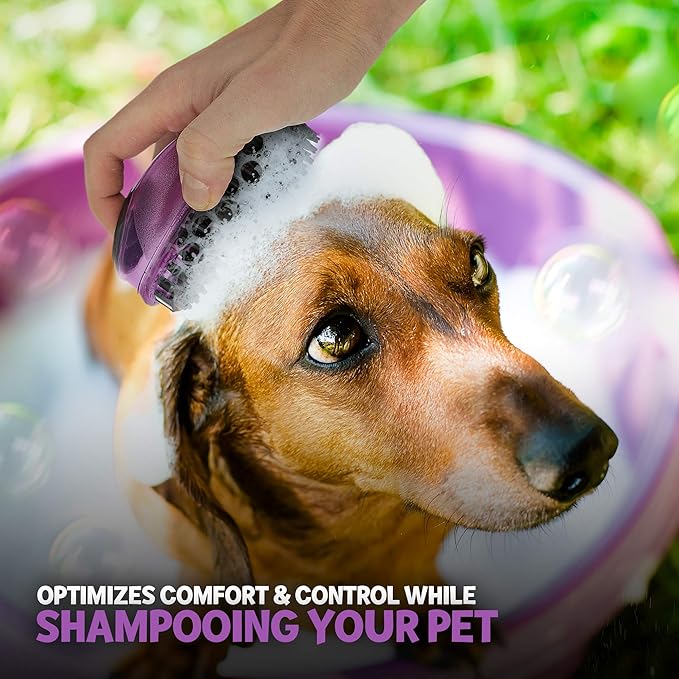Pet Brush by Poodle Pet |Dog Soap and Shampoo Dispenser for Daily Grooming | Rinses Coat While Removing Lint and Shed Hair |For Short or Medium Hair | Soft Rubber Bristles Gentle on Skin | Purple