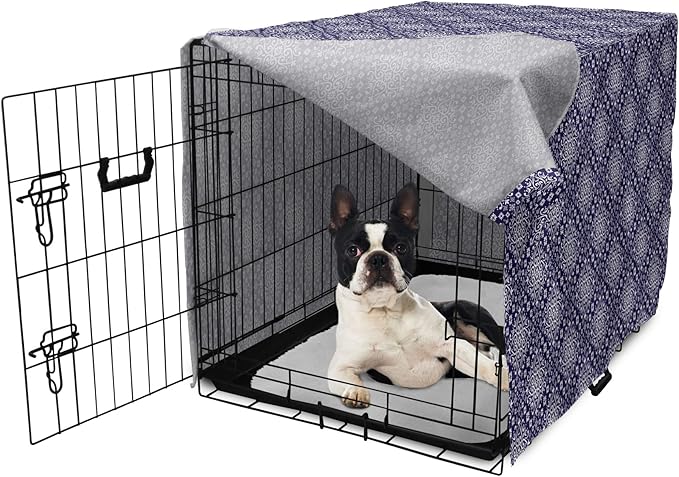 Lunarable Royal Blue Dog Crate Cover, Antique Moroccan Style Exotic Orient Inspired Ceramic Pattern Print Art, Easy to Use Pet Kennel Cover for Medium Large Dogs, 22 Inch, Indigo and White