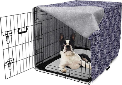 Lunarable Royal Blue Dog Crate Cover, Antique Moroccan Style Exotic Orient Inspired Ceramic Pattern Print Art, Easy to Use Pet Kennel Cover for Medium Large Dogs, 22 Inch, Indigo and White