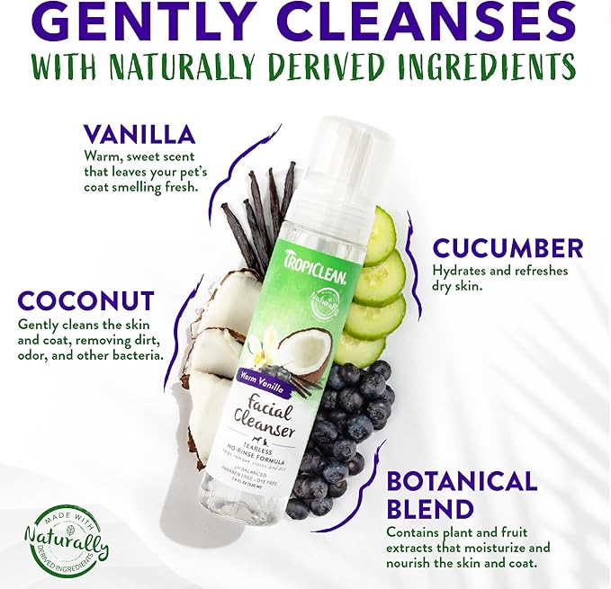 TropiClean Warm Vanilla Waterless Facial Cleanser for Dogs | Dog Foam Face Wash | Dog Face Wash Derived from Natural Ingredients | Cat Friendly | Made in the USA | 7.4 oz.