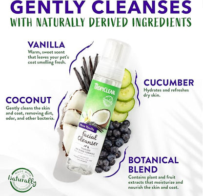 TropiClean Warm Vanilla Waterless Facial Cleanser for Dogs | Dog Foam Face Wash | Dog Face Wash Derived from Natural Ingredients | Cat Friendly | Made in the USA | 7.4 oz.