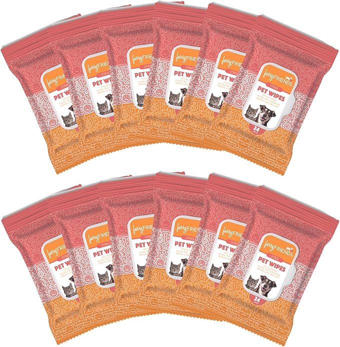 FurryFriends Pet Wipes | Citrus Scented | Hypo-allergenic | Alcohol Free| Deodorizing | Removes Loose Hair & Dirt | Incredibly Clean | 12 Pack