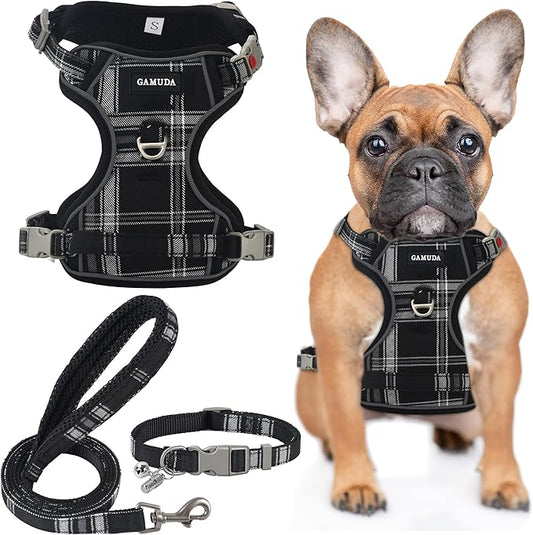 GAMUDA Dog Harness Collar and Leash Set, Horse Care Sheets, No Chock No Pull Adjustable Vest Harnesses Plaid Reflective for Medium Dog, Cat, Small Horse, Small Bull and Pig (Black, S)