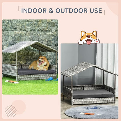 PawHut Wicker Dog House Outdoor with Canopy, Rattan Dog Bed with Water-Resistant Cushion, Raised Dog Bed for Small, Medium Dogs up to 66 lbs, 19.75" in Length, Gradient Gray Wicker & Cushion