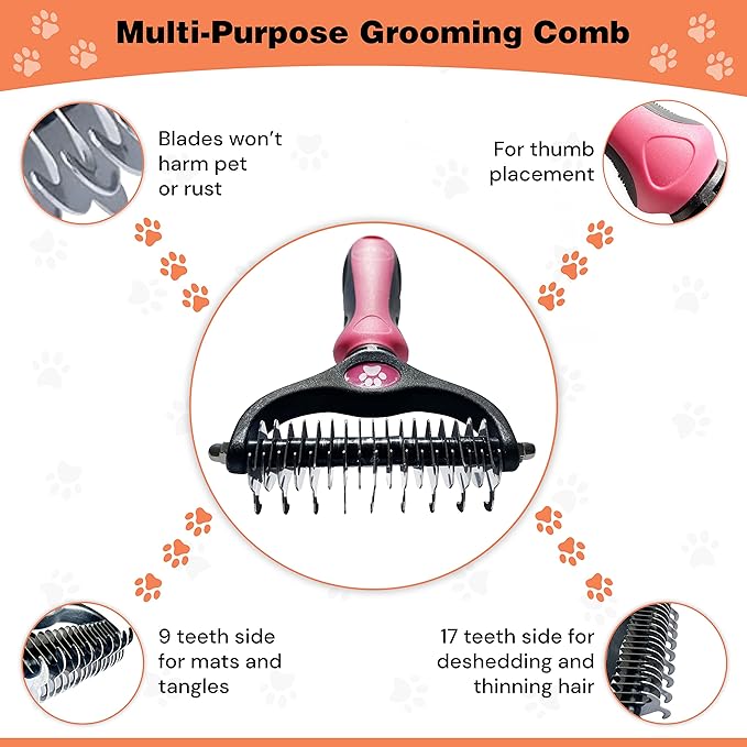 Pret & Lively 2 in 1 Pet Hair Dematting Tool, Tough Mats and Tangles, Undercoat Rake Comb, Dogs, Cats, Rabbits, Hairy Pets, Holiday Gift, Professional Grooming Brush For Deshedding, Extra Wide (Pink)