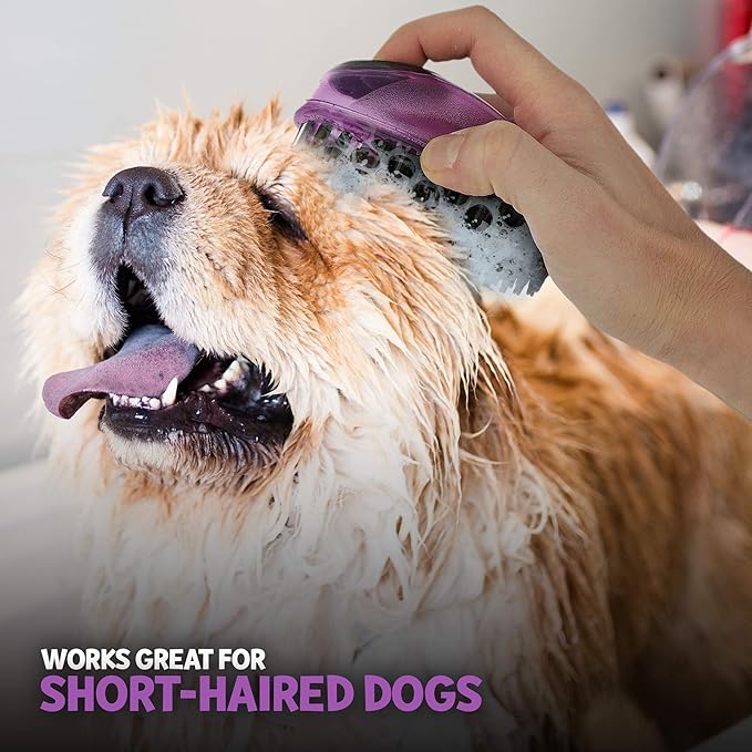 Pet Brush by Poodle Pet |Dog Soap and Shampoo Dispenser for Daily Grooming | Rinses Coat While Removing Lint and Shed Hair |For Short or Medium Hair | Soft Rubber Bristles Gentle on Skin | Purple