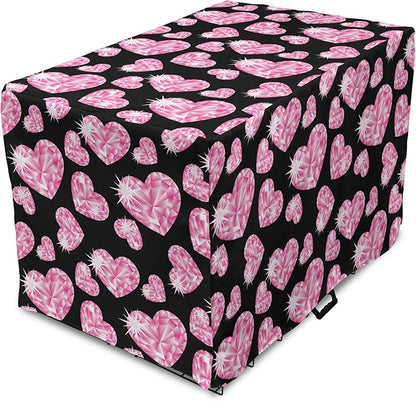 Ambesonne Diamonds Dog Crate Cover, Romantic Pink Heart Stones on Black Background Valentines Day Theme, Easy to Use Pet Kennel Cover for Cats & Medium Dogs, 24 Inch, Pink Black