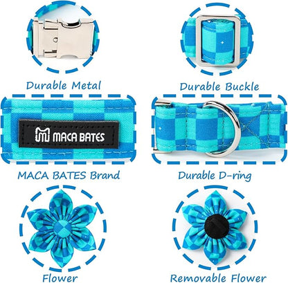Maca Bates Checkered Plaid Mint Green Blue Dog Grid Collar with Flowers for Dogs Adjustable Breakaway Cute Plaid Collars Accessories Gift for Small Medium Large XL Puppy with Golden Metal Buckle