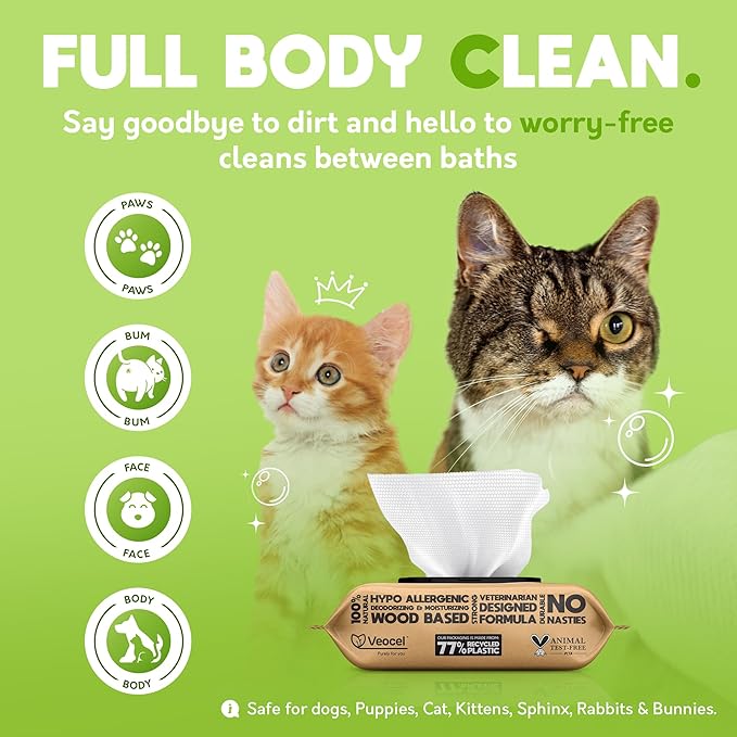 Lick-Safe Pet Wipes for Dogs & Cats - Vet-Approved & Hypoallergenic - Cleans Mud, Odors & Dander - Feline & Dog Wipes for Paws, Face & Butt - Earth-Friendly & Unscented Cat Cleaning - Pack of 100