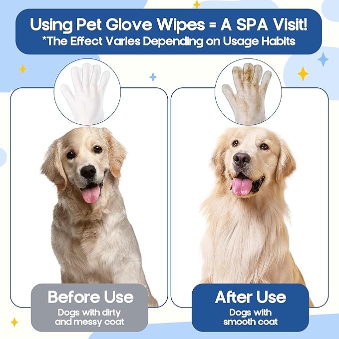 Pet Glove Wipes for Dogs - 14Pcs Peach & Bluebell Scented Pet Cleaning Gloves, No Rinse Deodorizing Grooming Wipes for Dogs and Cats Paws Body Butt, Suitable for Daily Care Dry Cleaning Travelling