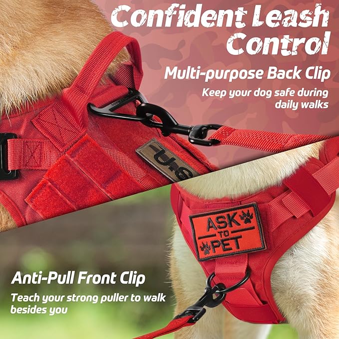 rabbitgoo Tactical Dog Harness for Large Dogs, Heavy Duty Dog Harness with Handle, No-Pull Service Dog Vest Large Breed, Adjustable Military Dog Vest Harness for Training Hunting Walking, Red, S