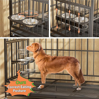 LOVMOR 43" Heavy Duty Dog Crate with Unique Air Lift Rod/Wheels/ 360° & Adjustable 2 Bowls, Extra Medium Dog Crate